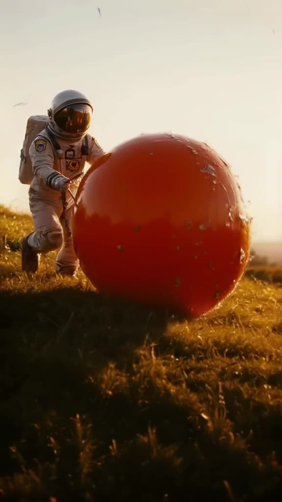 A miniature astronaut pushes a giant orange down a grassy hill in slow motion. The orange…