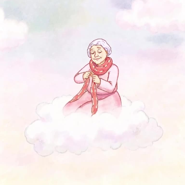 Watercolor animation of an old woman knitting a scarf made of bacon strips. She sits on a…