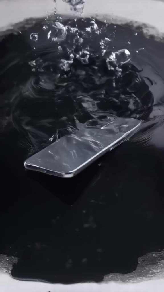 A sleek silver smartphone drops into a pool of black ink, bubbles rising in slow motion a…