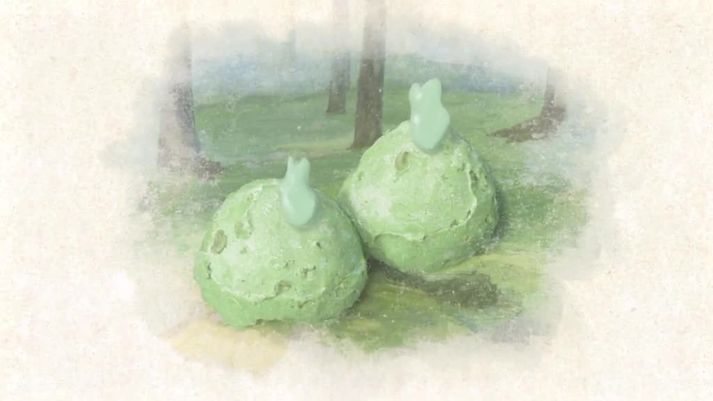 A red panda juggles three scoops of mint chocolate chip ice cream in a forest clearing. D…