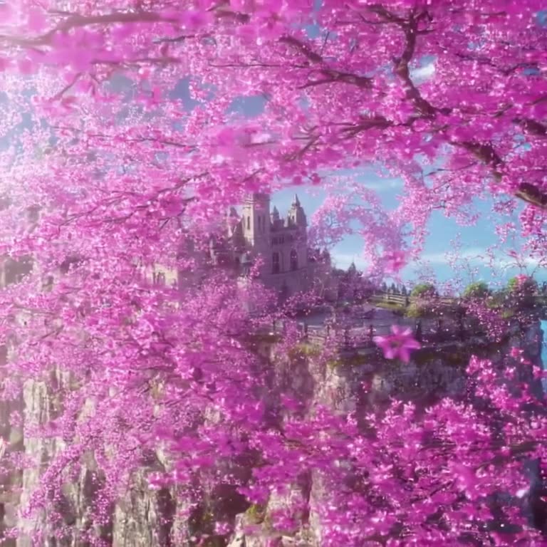 A majestic castle on a cliff edge is engulfed in a twister of vibrant pink and purple che…
