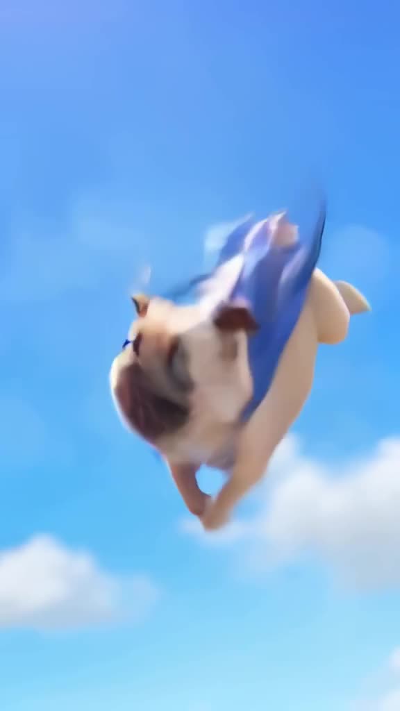 A pug in a superhero cape flies across a bright blue sky, dodging clouds while doing the …