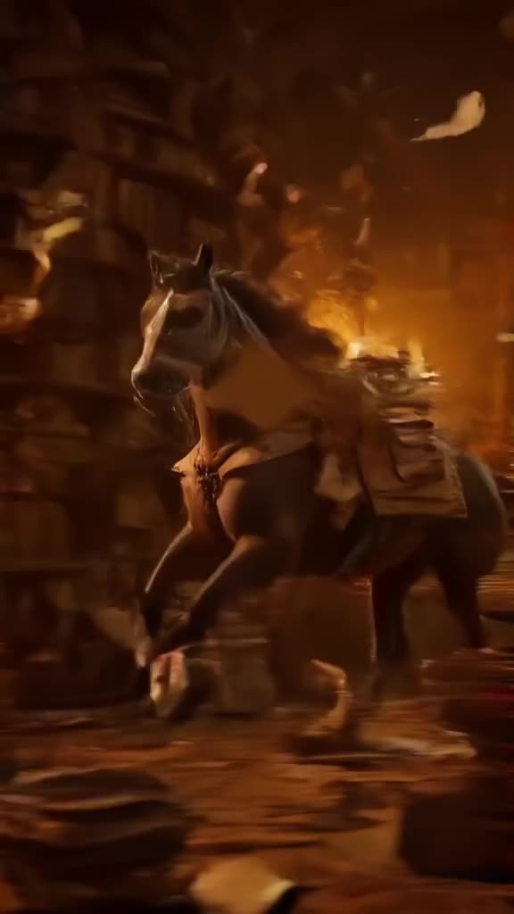 A horse made of stacked books gallops through a library, pages flying off and swirling in…