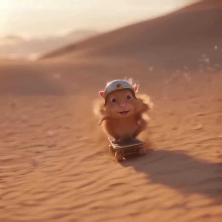 Slow-motion shot of a hamster wearing a miniature helmet riding a skateboard down a sandy…