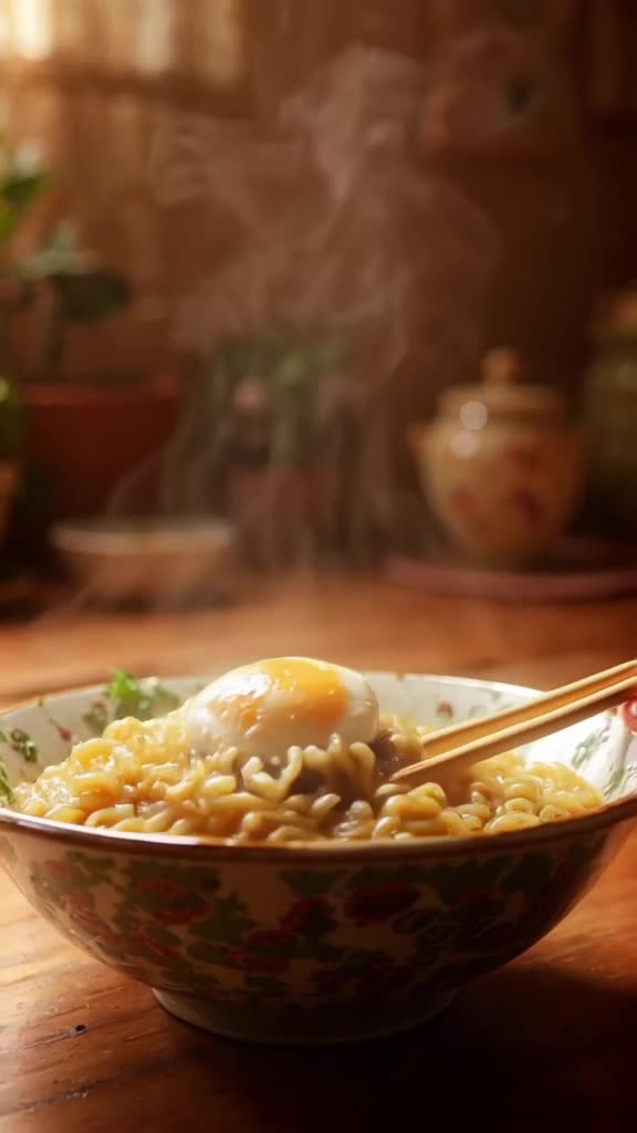 A steaming bowl of ramen with noodles that twist into the shape of a skyscraper. Chopstic…
