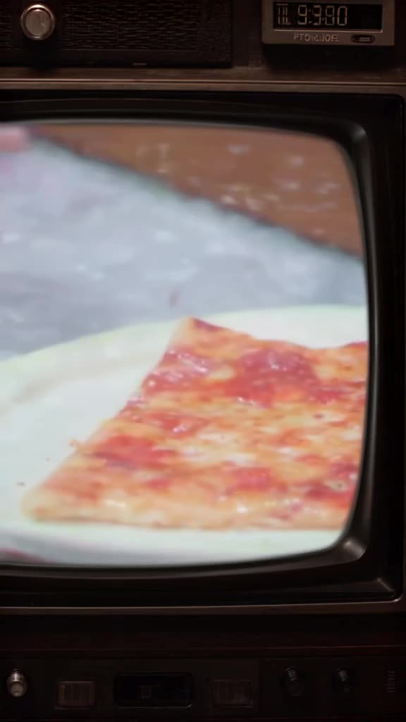 A retro TV screen glitches, then a hand reaches out from the screen to grab a slice of pi…