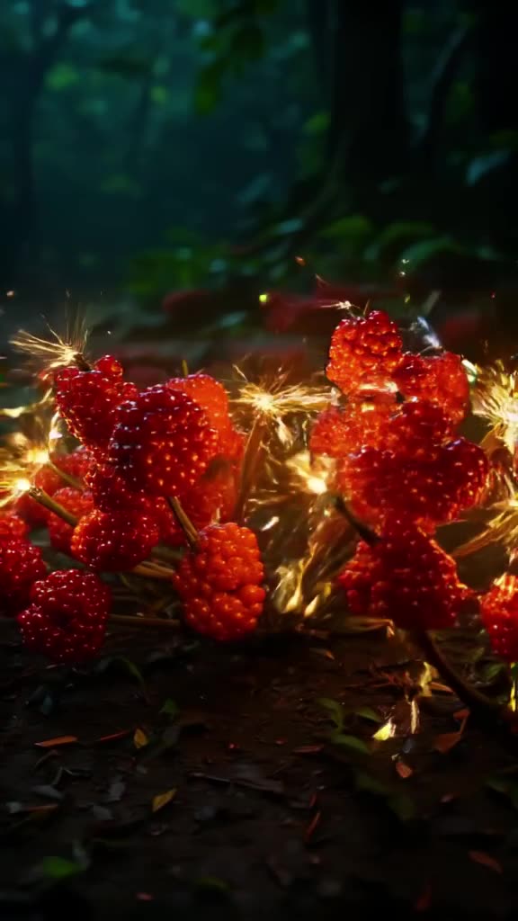 A cluster of berries bursts open, each one releasing a tiny, colorful sparkler flame. Rai…