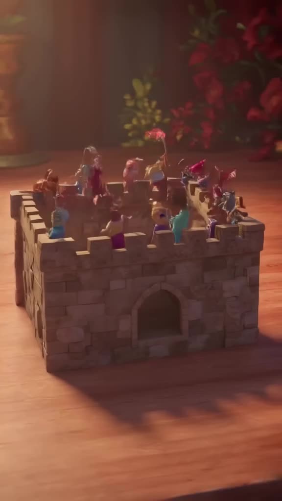 A birthday card is opened. A pop-up 3D castle appears. The camera flies over the castle w…
