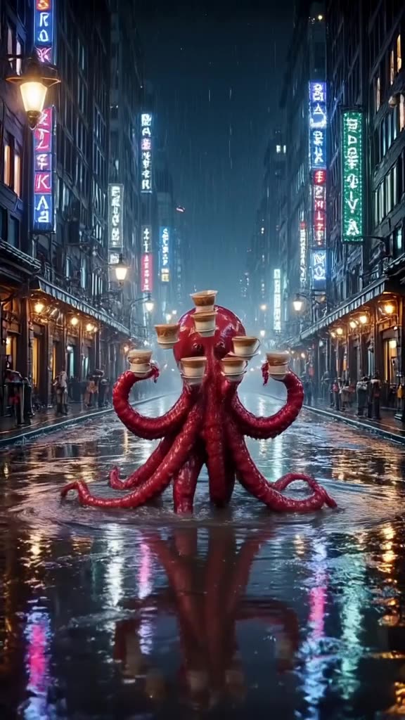 An octopus balances six cups of coffee on its tentacles while walking across a wet Tokyo …