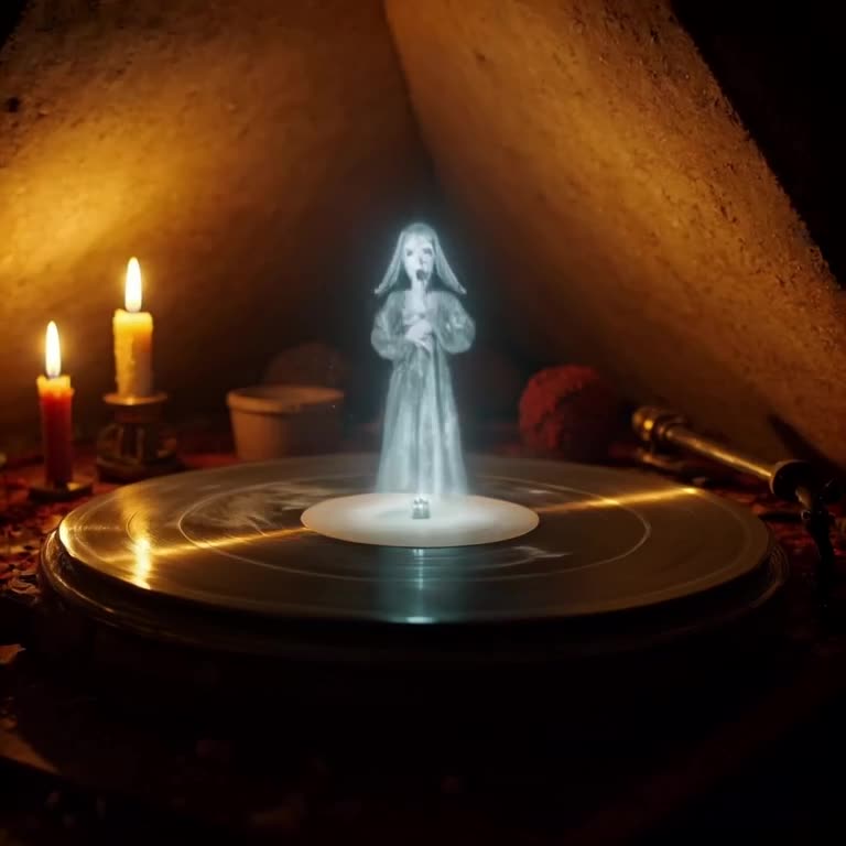 A vinyl record in a dust mote-filled attic starts spinning, projecting a hologram of a da…