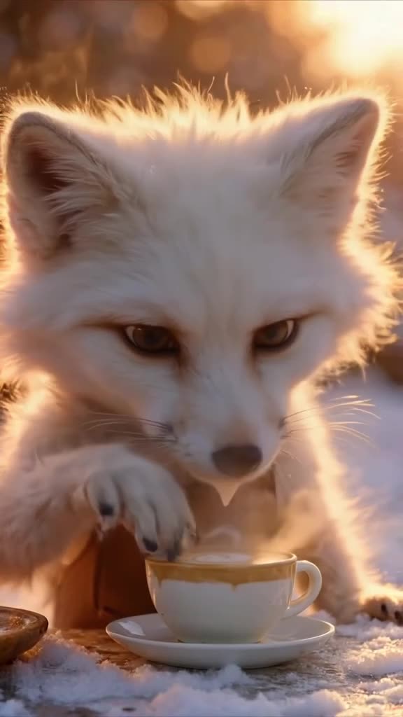 A fluffy arctic fox wearing a tiny barista apron attempts to pour latte art on a snowy co…
