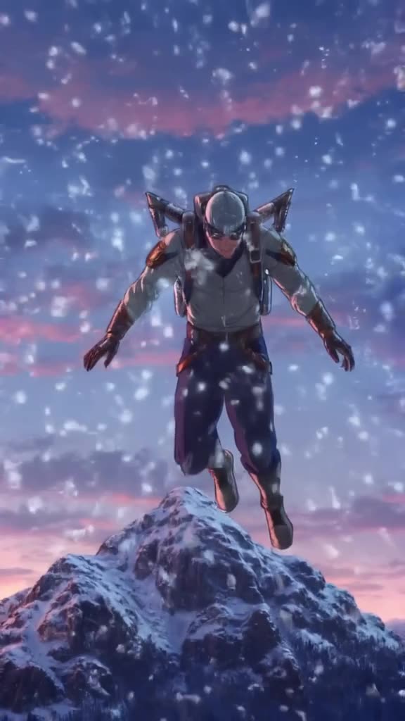 Snowy mountain peak at dusk. A frost-powered hero sneezes, accidentally freezing his own …