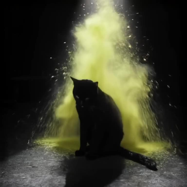 A black cat sits in a dark room, illuminated by a single spotlight. A sudden burst of bri…