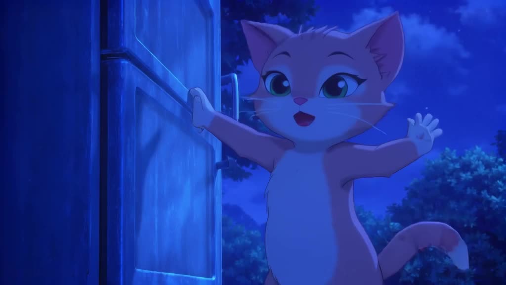 An anime-style cat tries to jump onto a fridge but misjudges the distance, sliding down t…