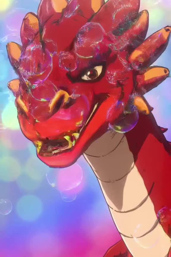 A dragon breathes fire, but instead of flames, it blows out colorful soap bubbles that fl…