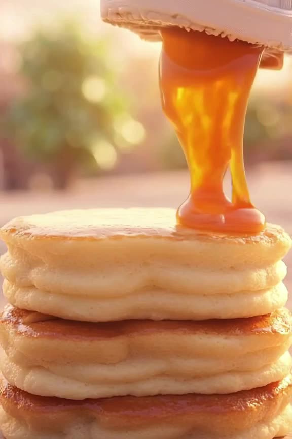 A white sneaker is actually a stack of fluffy soufflé pancakes. Honey pours from the tong…