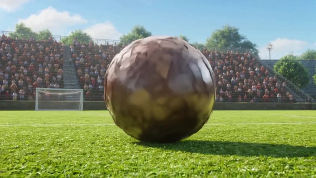 A pangolin rolls into a ball atop a soccer field, spinning rapidly like a top. Bright aft…