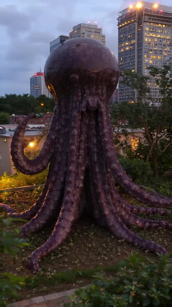 A giant octopus conducts an orchestra of crickets on a rooftop garden at dusk. Each crick…