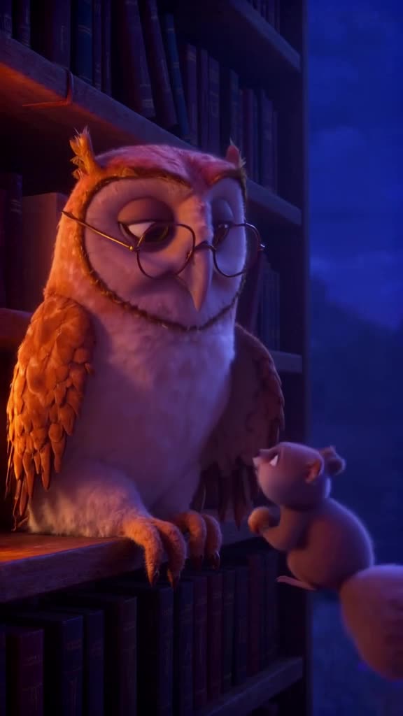 A wise old owl sits on a library bookshelf wearing reading glasses. A tiny squirrel scamp…