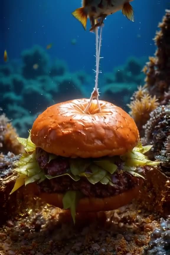 A burger is lifted by a string from a deep ocean trench. Coral and tiny fish swim around …