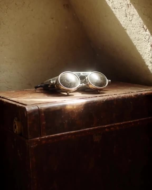 Dusty attic corner, a single beam of sunlight hits a pair of retro 70s aviators resting o…