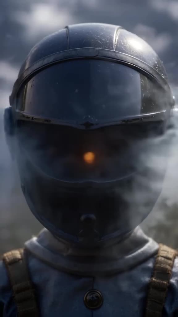 Close-up of a helmet visor fogging up. When the fog clears, it reveals a smiling sun inst…