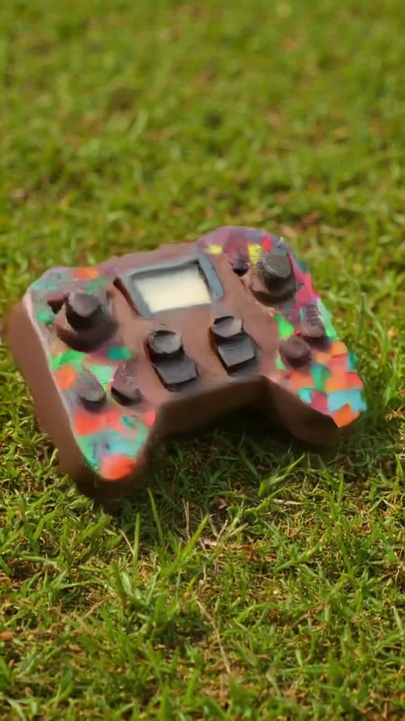 A pixelated 8-bit game controller rests on grass. It renders into high-fidelity reality, …