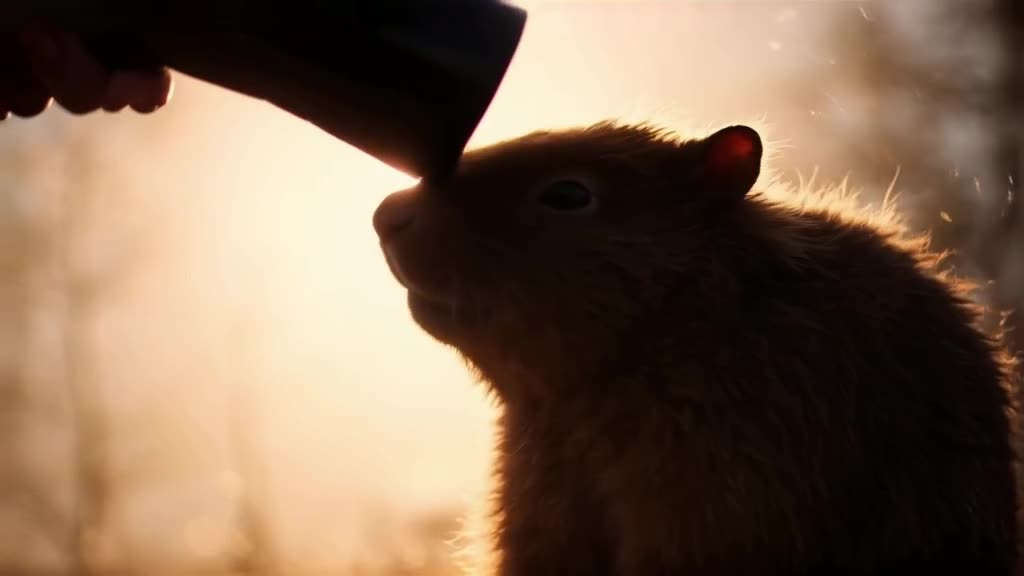 A baby capybara sits calmly while a giant hairdryer blows its fur in slow motion. It clos…