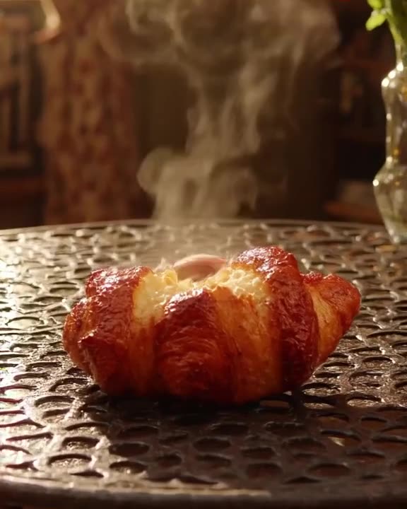 A steaming croissant sits on a wrought-iron Parisian table. Suddenly, a tiny, adorable ha…