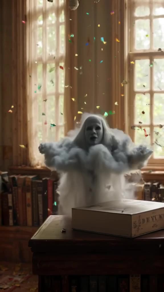 A shadowy ghost floats above a library book. The ghost is just a cloud of confetti. Soft …