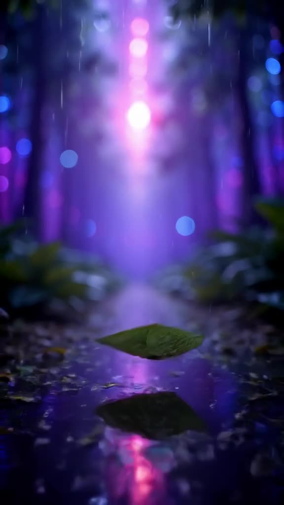 A single leaf falls through a neon-lit forest. Each time it touches the ground, it transf…