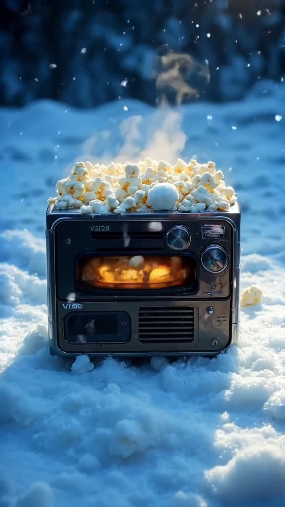 A VHS VCR machine sits in the snow, eating snowballs and spitting out warm, steaming popc…