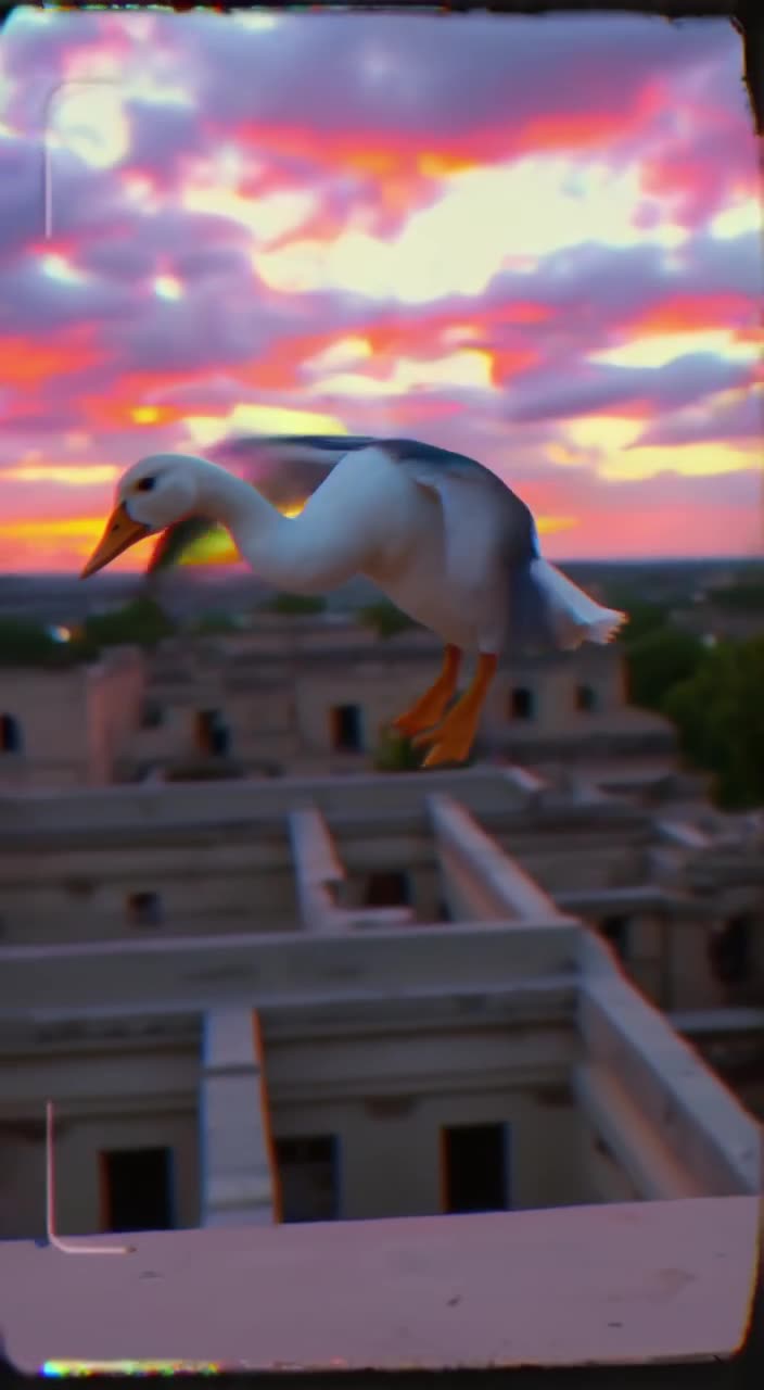 A baby goose flaps its wings dramatically on a rooftop overlooking ancient ruins at dusk.…