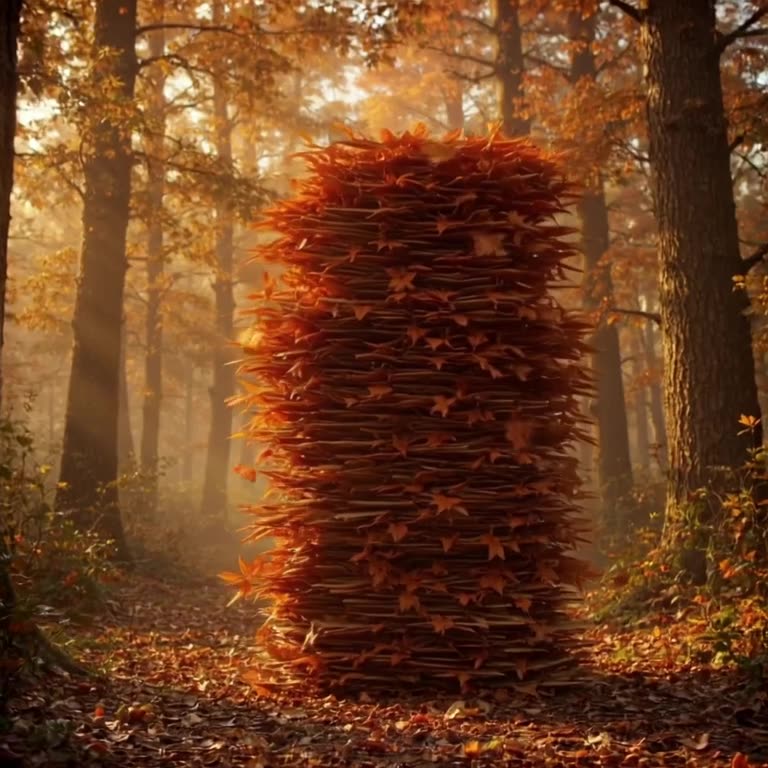 Autumn leaves stack themselves into a perfect tower, then wobble and collapse in slow mot…
