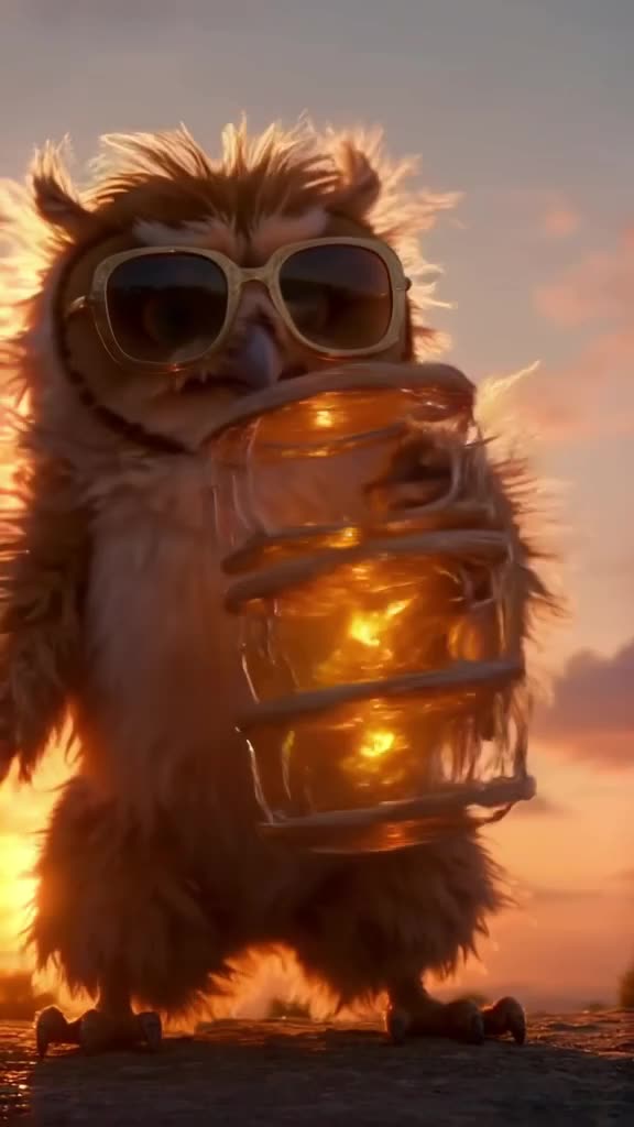 A fluffy owl in oversized sunglasses tries to balance a stack of three glowing tambourine…