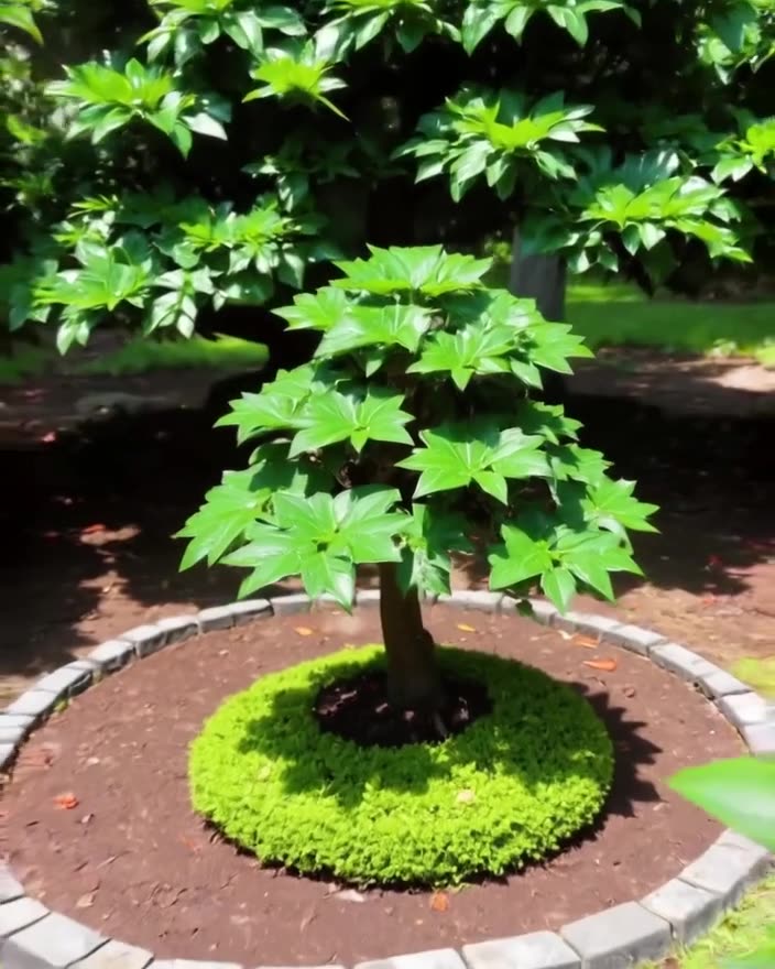 A drone shot pulls back from a single, perfectly pruned bonsai tree that instantly grows …