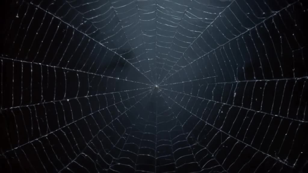A spider weaves a web in fast motion, threads glowing with dew. Dark moody lighting with …