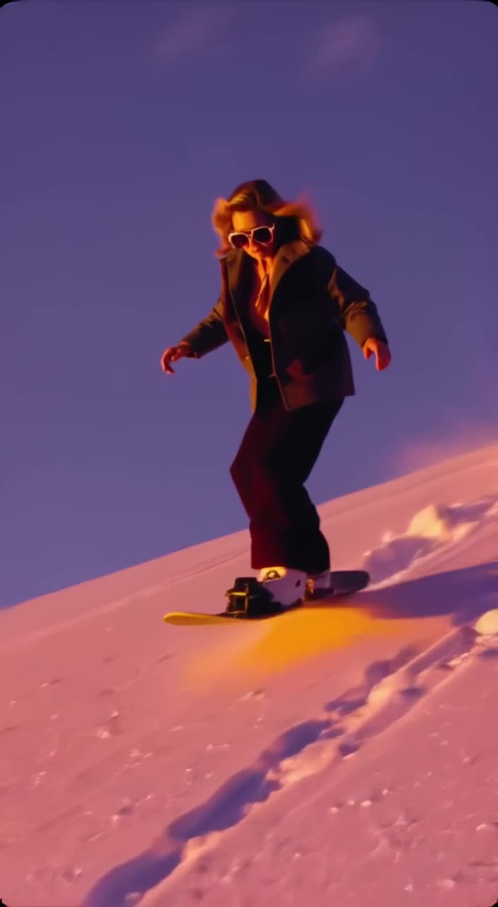 A 90-year-old woman in oversized retro sunglasses snowboards down a glittering pink mount…