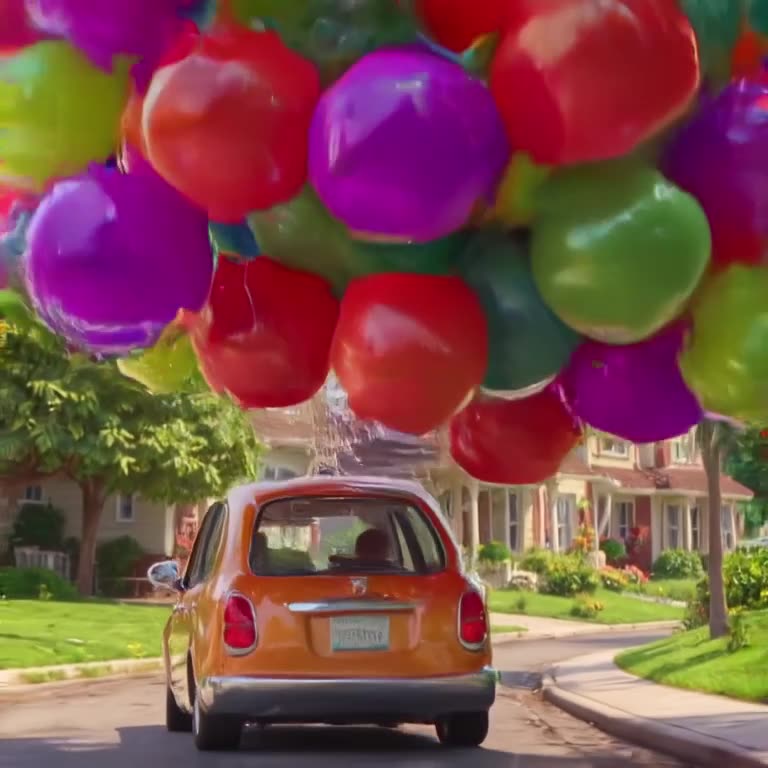 A car made entirely of inflated colorful balloons floats down a quiet suburban street. Ca…