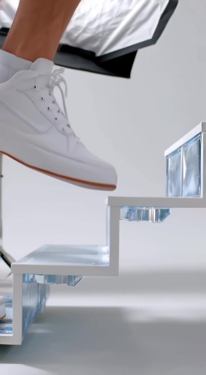 Product shot style: A pristine white sneaker hovers in mid-air, stepping onto invisible s…