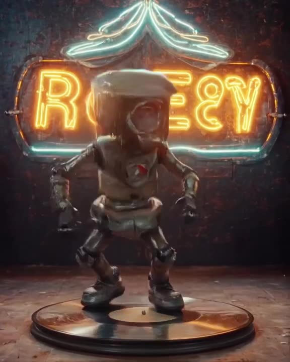 A robot with a camera lens for a face performs a breakdance on a vintage vinyl record. Lo…