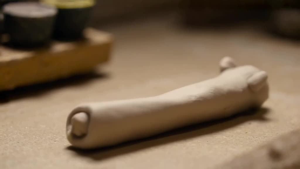 Claymation: a small clay polar bear is flattened by a rolling pin and then perfectly roll…