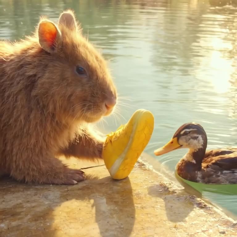 A capybara lounges on a sunny dock, wearing one bright yellow sneaker. A duck swims by, n…