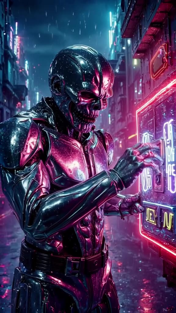 A zombie in a cyberpunk suit hacks a neon lockbox. Buttons flash in sync with a bass drop…