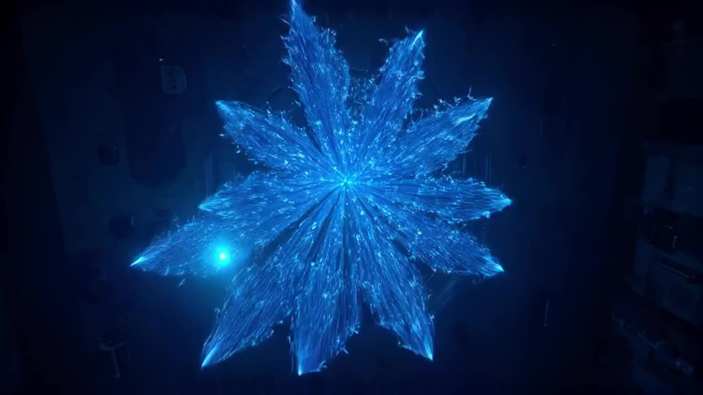 A USB drive is plugged in, but it unfolds like a blooming flower made of fiber optics. Da…