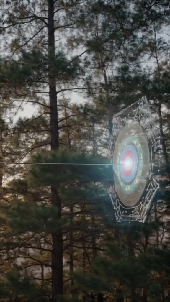 A medieval archer shoots an arrow that pierces a modern, floating holographic target in m…