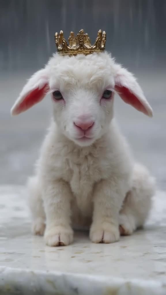 A baby lamb wears a tiny bronze crown, sitting regally on a step while raindrops hit the …