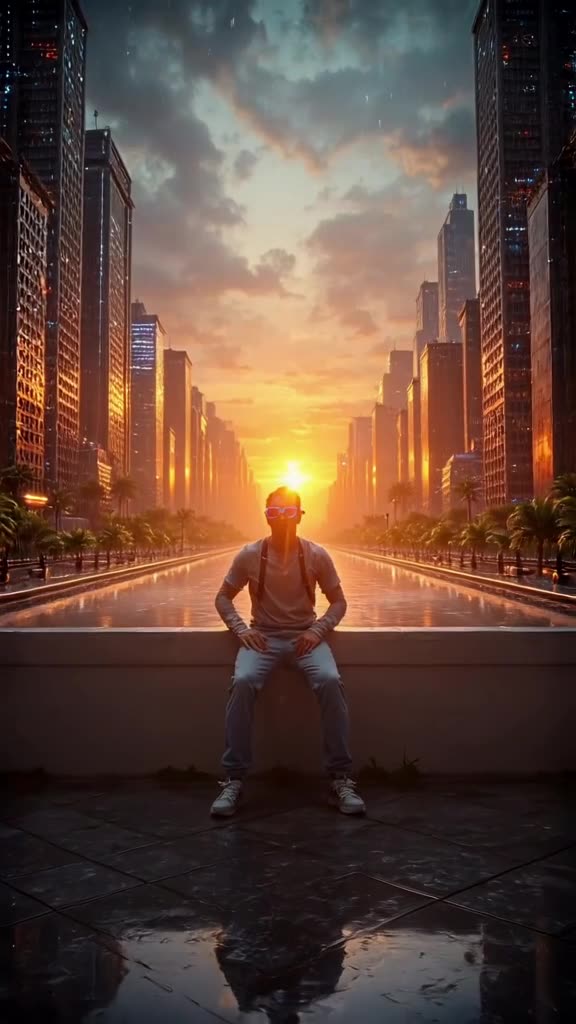 A Greek god in modern streetwear sits on a white wall, watching the sunset through AR gla…
