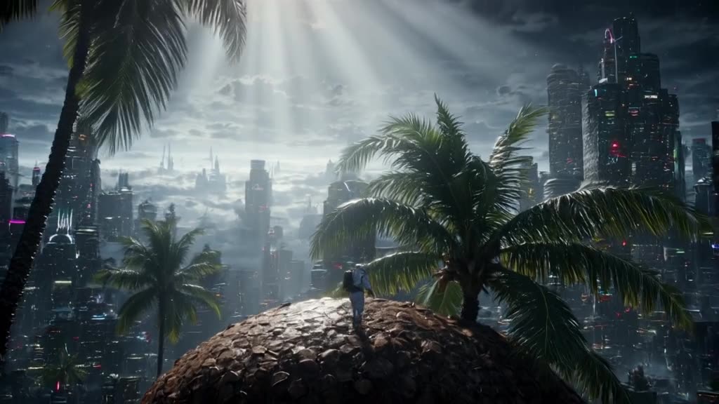 A tiny astronaut stands on a giant coconut, looking at a palm tree that stretches into th…