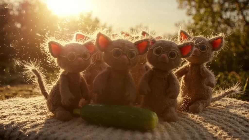 Kittens wearing mini-rimmed glasses huddle together on a knitted blanket. One cucumber fa…